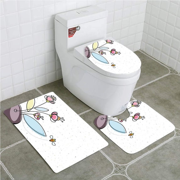 CHAPLLE Floral Flower Pot Blossoms Leaves and Bees Flying Around Summer Season 3 Piece Bathroom Rugs Set Bath Rug Contour Mat and Toilet Lid Cover