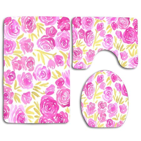 CHAPLLE Floral Pink Roses 3 Piece Bathroom Rugs Set Bath Rug Contour Mat and Toilet Lid Cover