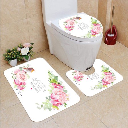 CHAPLLE Floral Round Frame Cute Small Robin Bird 3 Piece Bathroom Rugs Set Bath Rug Contour Mat and Toilet Lid Cover