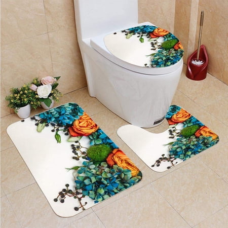 CHAPLLE Flower 3 Piece Bathroom Rugs Set Bath Rug Contour Mat and Toilet Lid Cover