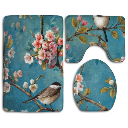 CHAPLLE Flower Birdie Tree Oil Painting 3 Piece Bathroom Rugs Set Bath Rug Contour Mat and Toilet Lid Cover