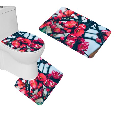CHAPLLE Flower Branch Blossom 3 Piece Bathroom Rugs Set Bath Rug Contour Mat and Toilet Lid Cover