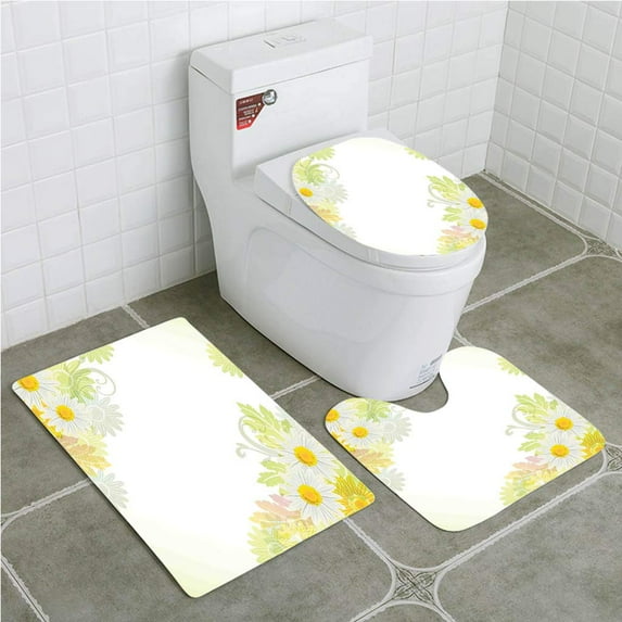 CHAPLLE Flower Floral Daisies Abstract Oriental Details and Leaves Sun like Art 3 Piece Bathroom Rugs Set Bath Rug Contour Mat and Toilet Lid Cover