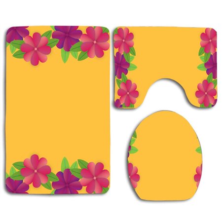 CHAPLLE Flower-pink Frame-flowers 3 Piece Bathroom Rugs Set Bath Rug Contour Mat and Toilet Lid Cover