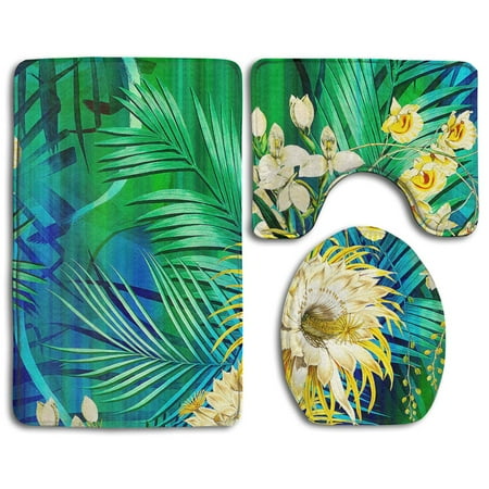 CHAPLLE Flowers Green 3 Piece Bathroom Rugs Set Bath Rug Contour Mat and Toilet Lid Cover