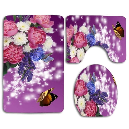 CHAPLLE Flowers Summer 3 Piece Bathroom Rugs Set Bath Rug Contour Mat and Toilet Lid Cover