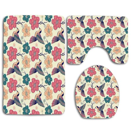 CHAPLLE Flying Bird and Flowers 3 Piece Bathroom Rugs Set Bath Rug Contour Mat and Toilet Lid Cover