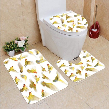 CHAPLLE Flying Birds Collection Flying Rosy Peach Faced Love Birds Wild Life Colored Feathers Wings 3 Piece Bathroom Rugs Set Bath Rug Contour Mat and Toilet Lid Cover