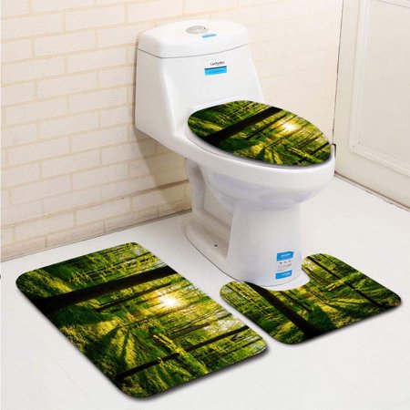 CHAPLLE Forest 3 Piece Bathroom Rugs Set Bath Rug Contour Mat and Toilet Lid Cover