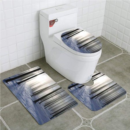 CHAPLLE Forest Thin Snow Covered Path in Misty Winter Forest Morning Sun 3 Piece Bathroom Rugs Set Bath Rug Contour Mat and Toilet Lid Cover