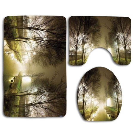 CHAPLLE Forest Water Channel Foggy Weather Trees Grass City Street at Winter Night Mystery 3 Piece Bathroom Rugs Set Bath Rug Contour Mat and Toilet Lid Cover