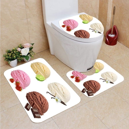 CHAPLLE Four Different Flavor ice Cream Scoops 3 Piece Bathroom Rugs Set Bath Rug Contour Mat and Toilet Lid Cover