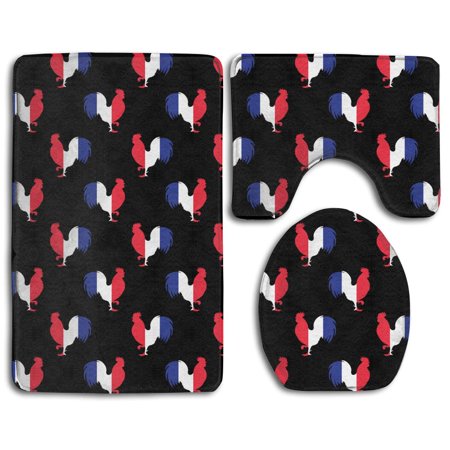 CHAPLLE France Gallic Rooster French Flag 3 Piece Bathroom Rugs Set Bath Rug Contour Mat and Toilet Lid Cover