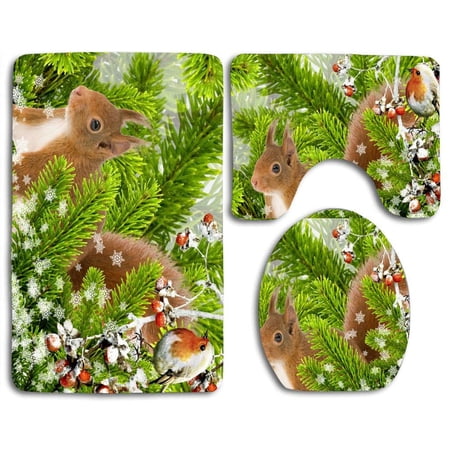 CHAPLLE Friendly Squirrel Snowflakes 3 Piece Bathroom Rugs Set Bath Rug Contour Mat and Toilet Lid Cover