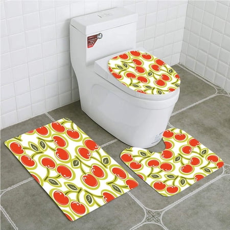 CHAPLLE Fruit Sweet Yummy Ornate Cherry and Leaves Fresh Food Fun Art Apple 3 Piece Bathroom Rugs Set Bath Rug Contour Mat and Toilet Lid Cover