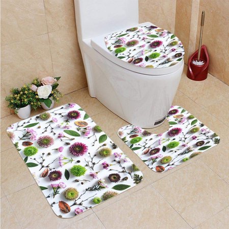 CHAPLLE Full Frame Floral 3 Piece Bathroom Rugs Set Bath Rug Contour Mat and Toilet Lid Cover