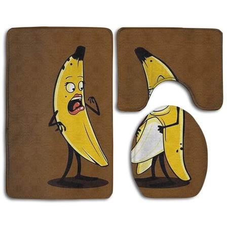CHAPLLE Funny Banana 3 Piece Bathroom Rugs Set Bath Rug Contour Mat and Toilet Lid Cover