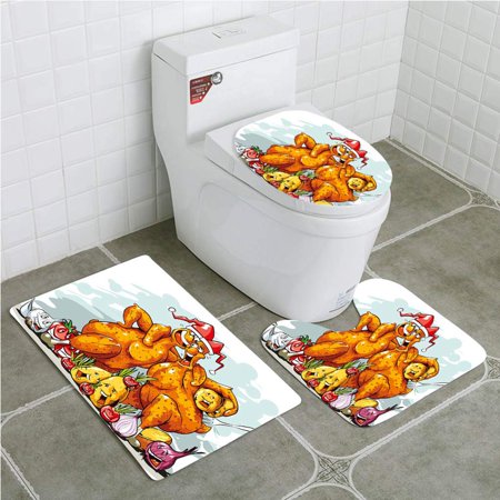 CHAPLLE Funny Christmas Roasted Turkey Buddies Celebration Characters Xmas Holiday Theme 3 Piece Bathroom Rugs Set Bath Rug Contour Mat and Toilet Lid Cover