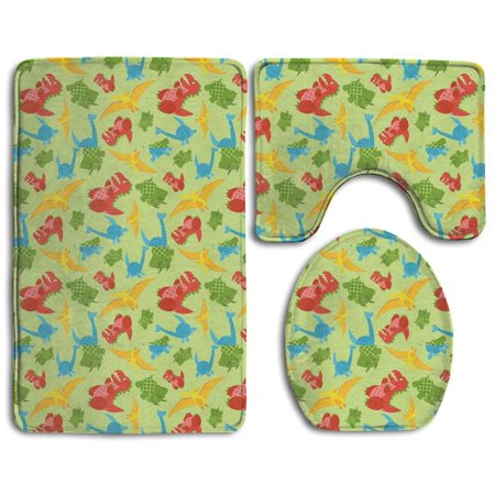 CHAPLLE Funny Dinosaurs Party 3 Piece Bathroom Rugs Set Bath Rug Contour Mat and Toilet Lid Cover