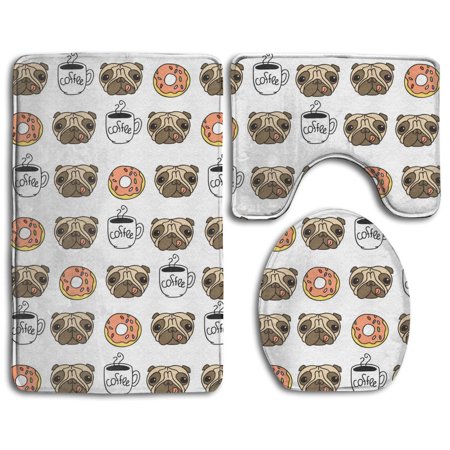 CHAPLLE Funny Dogs Pug Puppie Donut Coffee 3 Piece Bathroom Rugs Set Bath Rug Contour Mat and Toilet Lid Cover