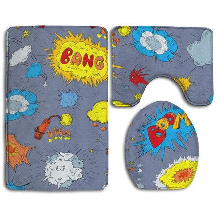 CHAPLLE Funny Doodle 3 Piece Bathroom Rugs Set Bath Rug Contour Mat and Toilet Lid Cover