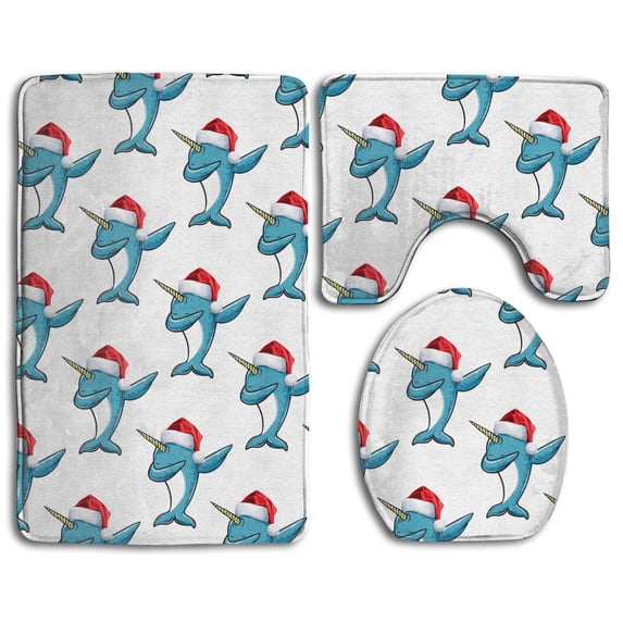 CHAPLLE Funny Narwhal Dabbing Christmas 3 Piece Bathroom Rugs Set Bath Rug Contour Mat and Toilet Lid Cover
