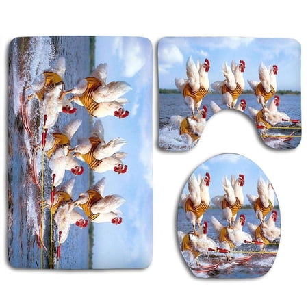 CHAPLLE Funny Rooster Hen Water Ski 3 Piece Bathroom Rugs Set Bath Rug Contour Mat and Toilet Lid Cover