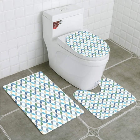 CHAPLLE Geometric Circle Pastel Effects Oval Point Old Linked Stripes Contrast New 3 Piece Bathroom Rugs Set Bath Rug Contour Mat and Toilet Lid Cover