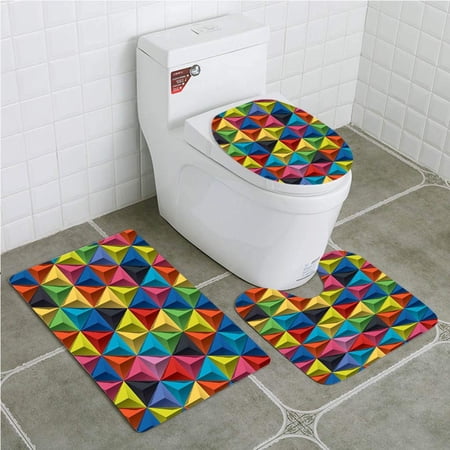 CHAPLLE Geometric Colorful Triangle Geometric Pyramid Forms Modern Patterns New Age Art 3 Piece Bathroom Rugs Set Bath Rug Contour Mat and Toilet Lid Cover