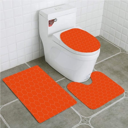 CHAPLLE Geometric Comb Dotted Lines Hexagonal Geometric Classical Motifs 3 Piece Bathroom Rugs Set Bath Rug Contour Mat and Toilet Lid Cover