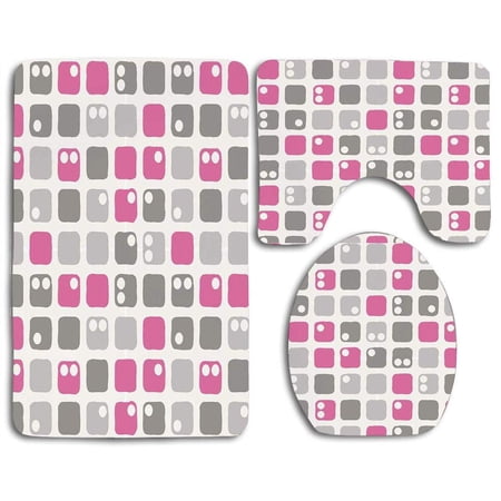 CHAPLLE Geometric Square Shapes Dots in Pastel Color Palette Ornamental 3 Piece Bathroom Rugs Set Bath Rug Contour Mat and Toilet Lid Cover