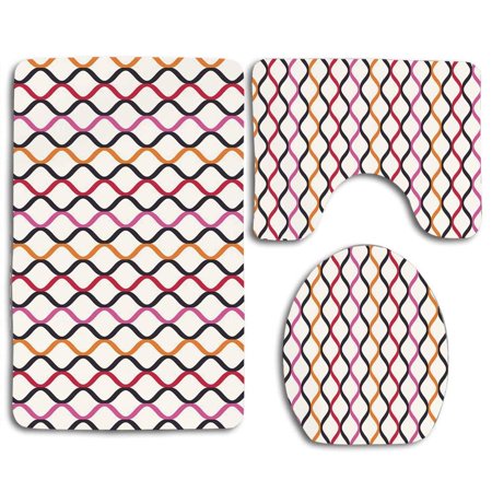 CHAPLLE Geometric Wavy Lines Curves Abstract Stripes Vertically Aligned Geometric Vintage 3 Piece Bathroom Rugs Set Bath Rug Contour Mat and Toilet Lid Cover