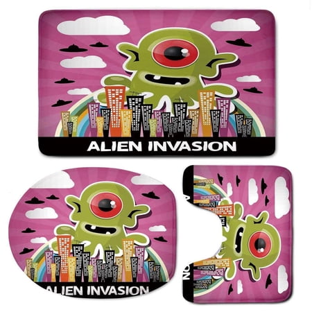 CHAPLLE Giant Big One Eyed Monster City Urban Danger Attack Invasion 3 Piece Bathroom Rugs Set Bath Rug Contour Mat and Toilet Lid Cover
