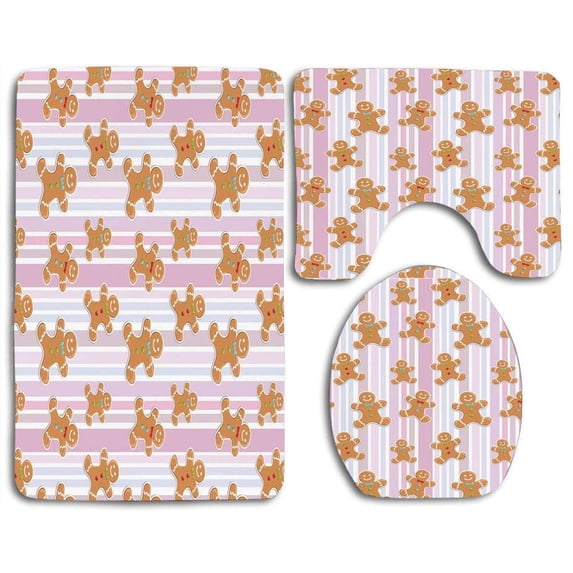 CHAPLLE Gingerbread Man Kids Pastel Colored Striped Backdrop Cute Bakery Xmas Goodies 3 Piece Bathroom Rugs Set Bath Rug Contour Mat and Toilet Lid Cover