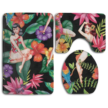 CHAPLLE Girl Floral 3 Piece Bathroom Rugs Set Bath Rug Contour Mat and Toilet Lid Cover