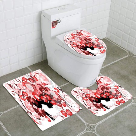 CHAPLLE Girls Flower Girl Hair Long Swirling Pink Blossoms Hair Dressers Beauty 3 Piece Bathroom Rugs Set Bath Rug Contour Mat and Toilet Lid Cover