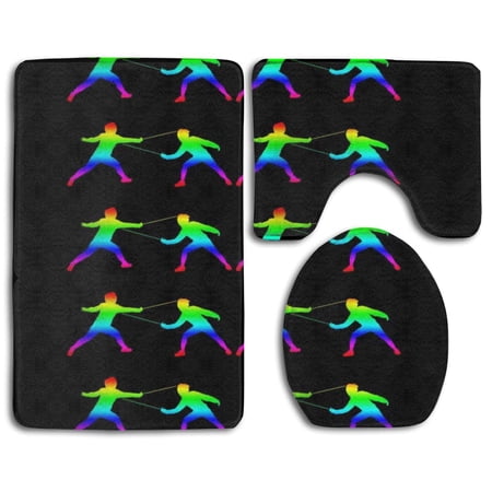 CHAPLLE Glitter Sparkling Neon Fencing Icon 3 Piece Bathroom Rugs Set Bath Rug Contour Mat and Toilet Lid Cover