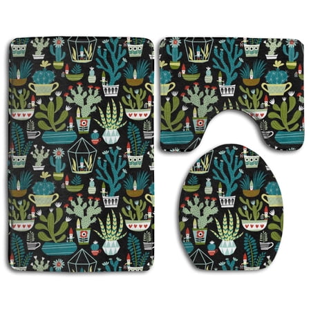 CHAPLLE Gnomes Succulents Cacti Terrarium 3 Piece Bathroom Rugs Set Bath Rug Contour Mat and Toilet Lid Cover