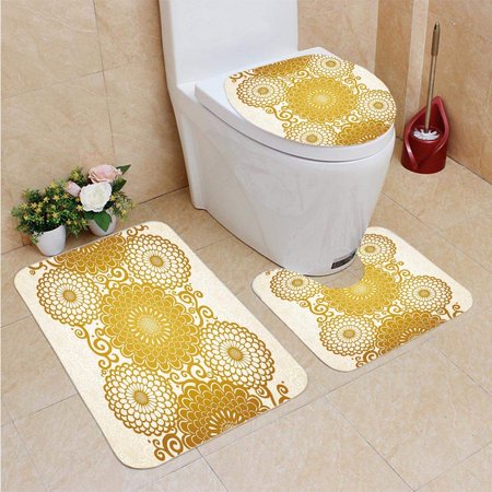 CHAPLLE Gold Mandala Border Large Flowers Curls Chrysanthemums Peonies Rococo Style Egg 3 Piece Bathroom Rugs Set Bath Rug Contour Mat and Toilet Lid Cover