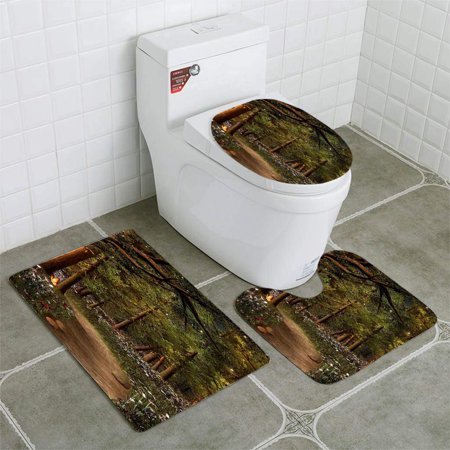 CHAPLLE Gold Rays into Forest 3 Piece Bathroom Rugs Set Bath Rug Contour Mat and Toilet Lid Cover