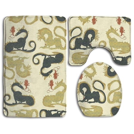CHAPLLE Golden Dragonsed 3 Piece Bathroom Rugs Set Bath Rug Contour Mat and Toilet Lid Cover