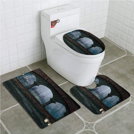 CHAPLLE Gothic Medieval Castle at Night Old Arch and Candles Middle Age Misty 3 Piece Bathroom Rugs Set Bath Rug Contour Mat and Toilet Lid Cover