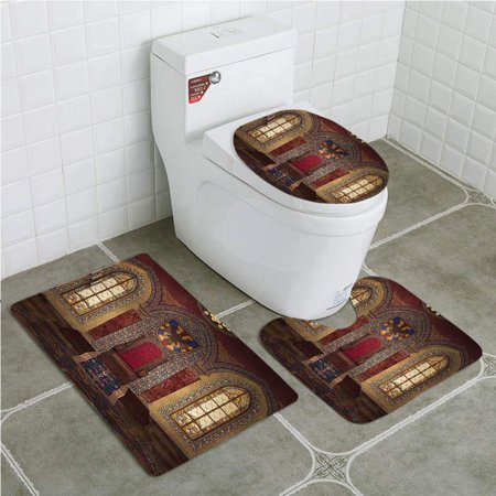 CHAPLLE Gothic Red Medieval Throne in Chapel Eagle Portrait on Wall Ancient Fantasy Building 3 Piece Bathroom Rugs Set Bath Rug Contour Mat and Toilet Lid Cover