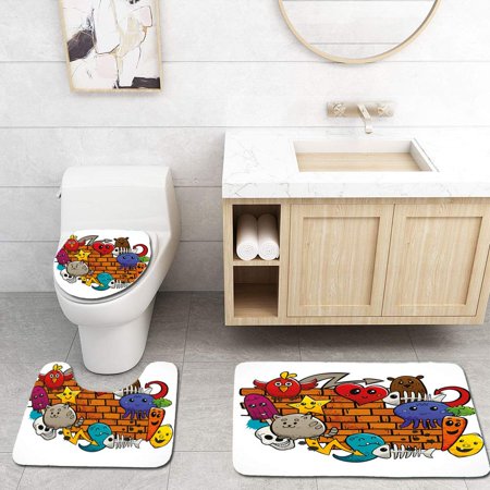 CHAPLLE Graffiti Cute Cartoon Stars Fish Skulls Cat Bird Figures on Brick Wall Kids 3 Piece Bathroom Rugs Set Bath Rug Contour Mat and Toilet Lid Cover