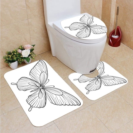 CHAPLLE Graphic Butterfly Hand Drawn Contour Lines Strokes 3 Piece Bathroom Rugs Set Bath Rug Contour Mat and Toilet Lid Cover