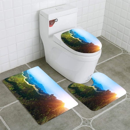 CHAPLLE Great Wall 3 Piece Bathroom Rugs Set Bath Rug Contour Mat and Toilet Lid Cover