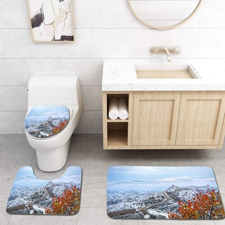CHAPLLE Great Wall Covered Snow 3 Piece Bathroom Rugs Set Bath Rug Contour Mat and Toilet Lid Cover