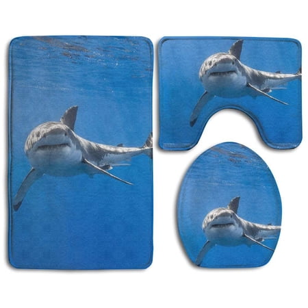 CHAPLLE Great White Shark 3 Piece Bathroom Rugs Set Bath Rug Contour Mat and Toilet Lid Cover