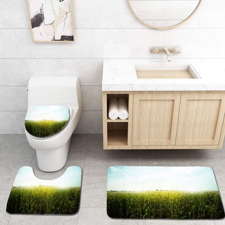 CHAPLLE Green Cornfield Ready Harvest Late Afternoon Light Sunset 3 Piece Bathroom Rugs Set Bath Rug Contour Mat and Toilet Lid Cover