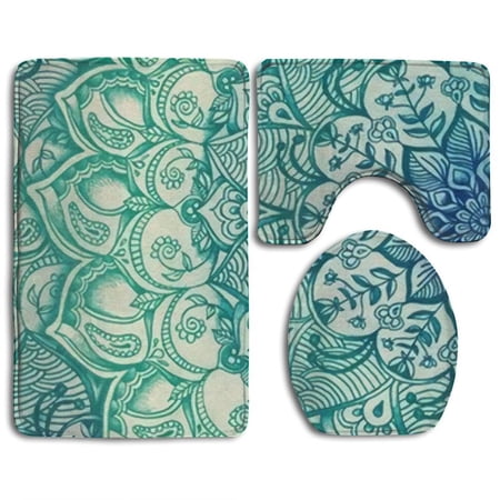 CHAPLLE Green Dark Blue Flower 3 Piece Bathroom Rugs Set Bath Rug Contour Mat and Toilet Lid Cover